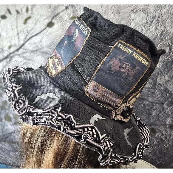OOAK Magnolia Boho Indie Top Hat Horror Movies Upcycle Adjustable M 22.5" - 21" - Picture 1 of 16